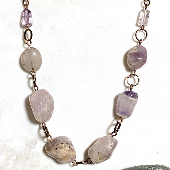 Rustic Amethyst Tumbled Stone Necklace, Genuine Gemstone + Copper Chain - Picture 4 of 15